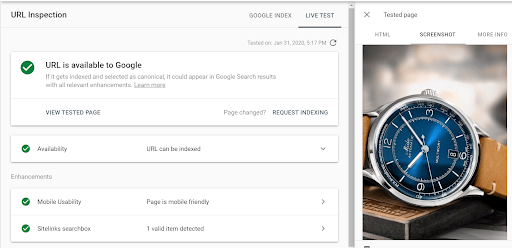 screenshot of Google's url inspection tool