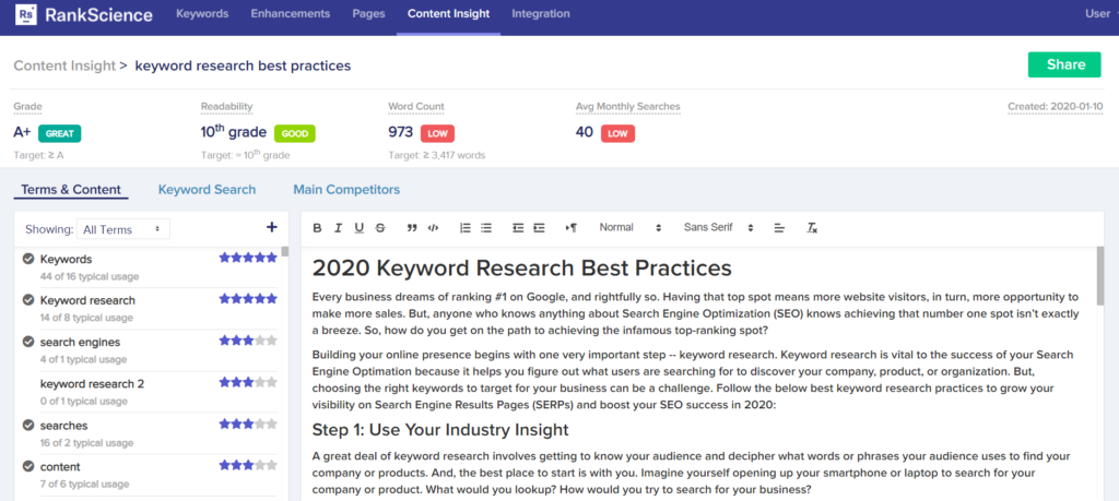 rankscience content insights tool
