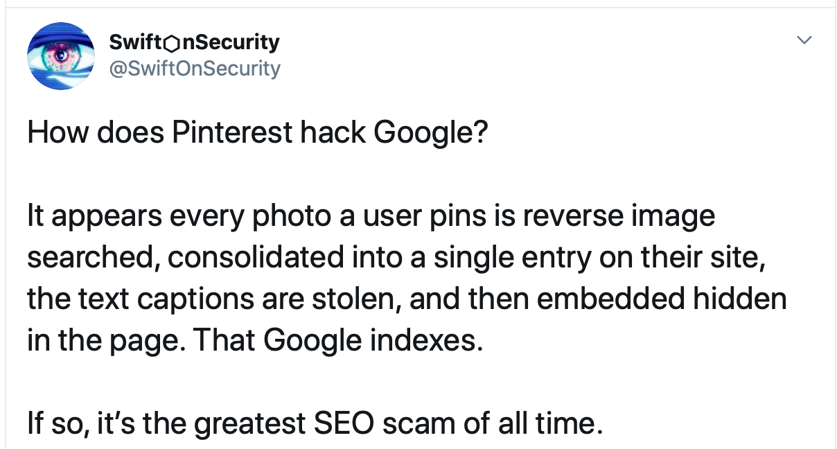 screenshot of tweet talking about pinterest hacking google