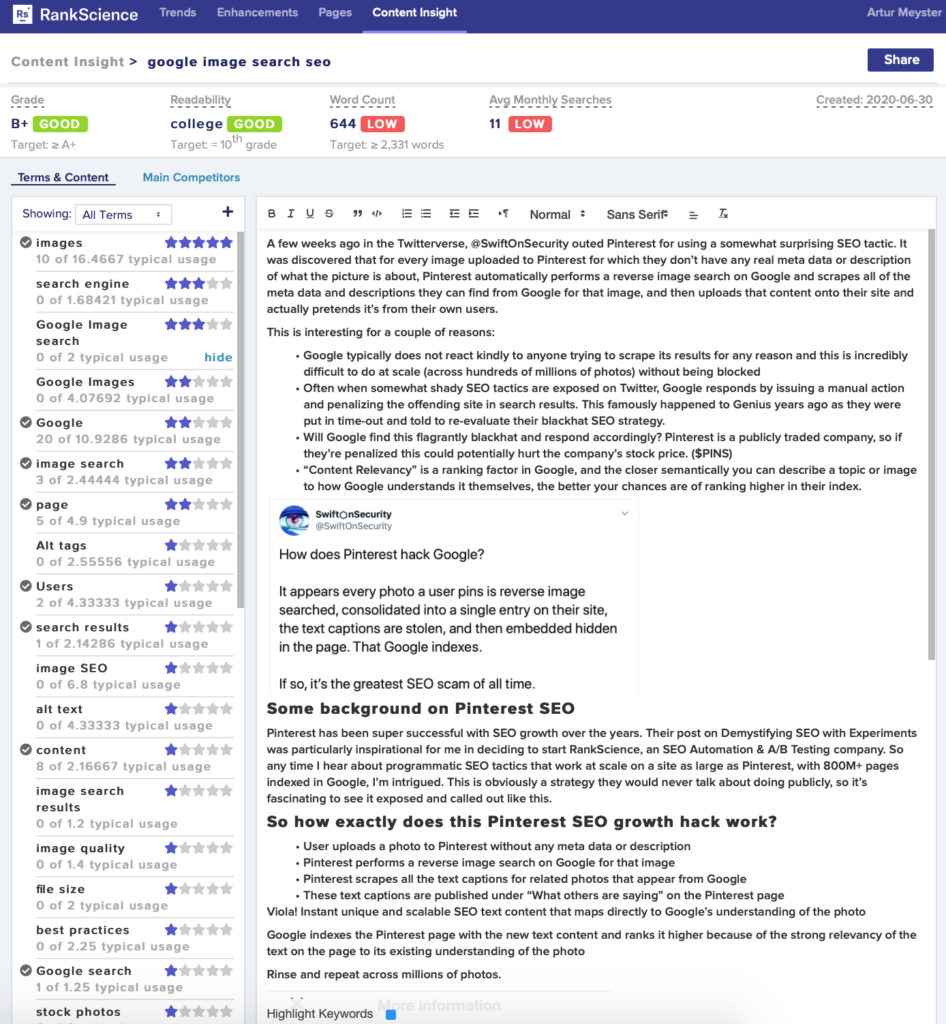 screenshot of rankscience's content insights tool