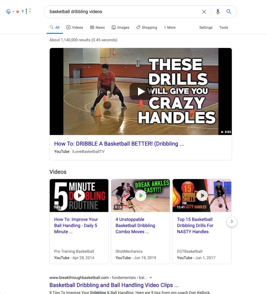 google YouTube video search results