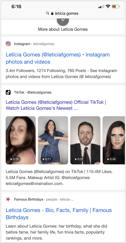 screenshot of leticia gomes' instagram account on a Google search results page
