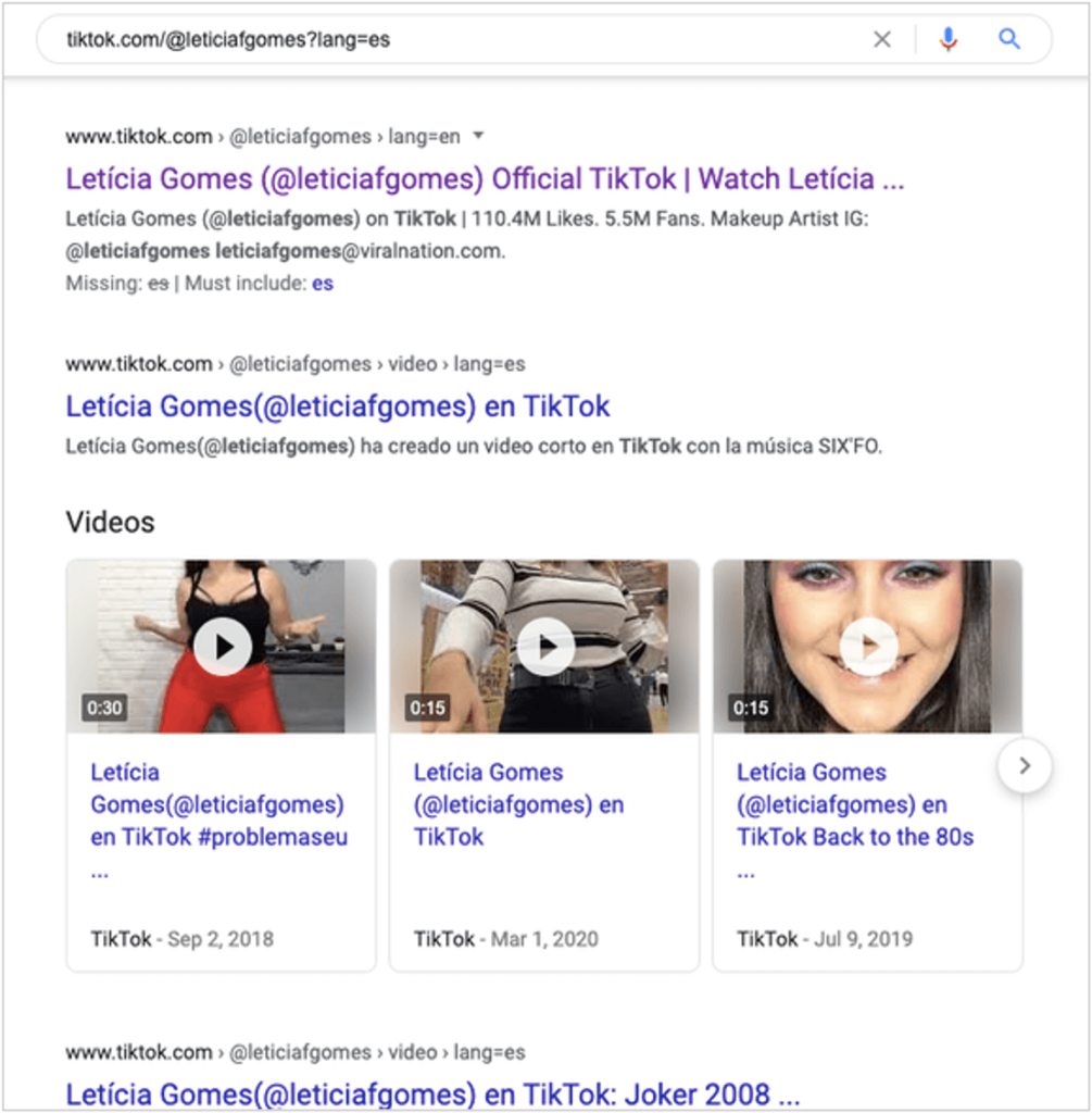 Screenshot of a google search for leticia gomes in spanish