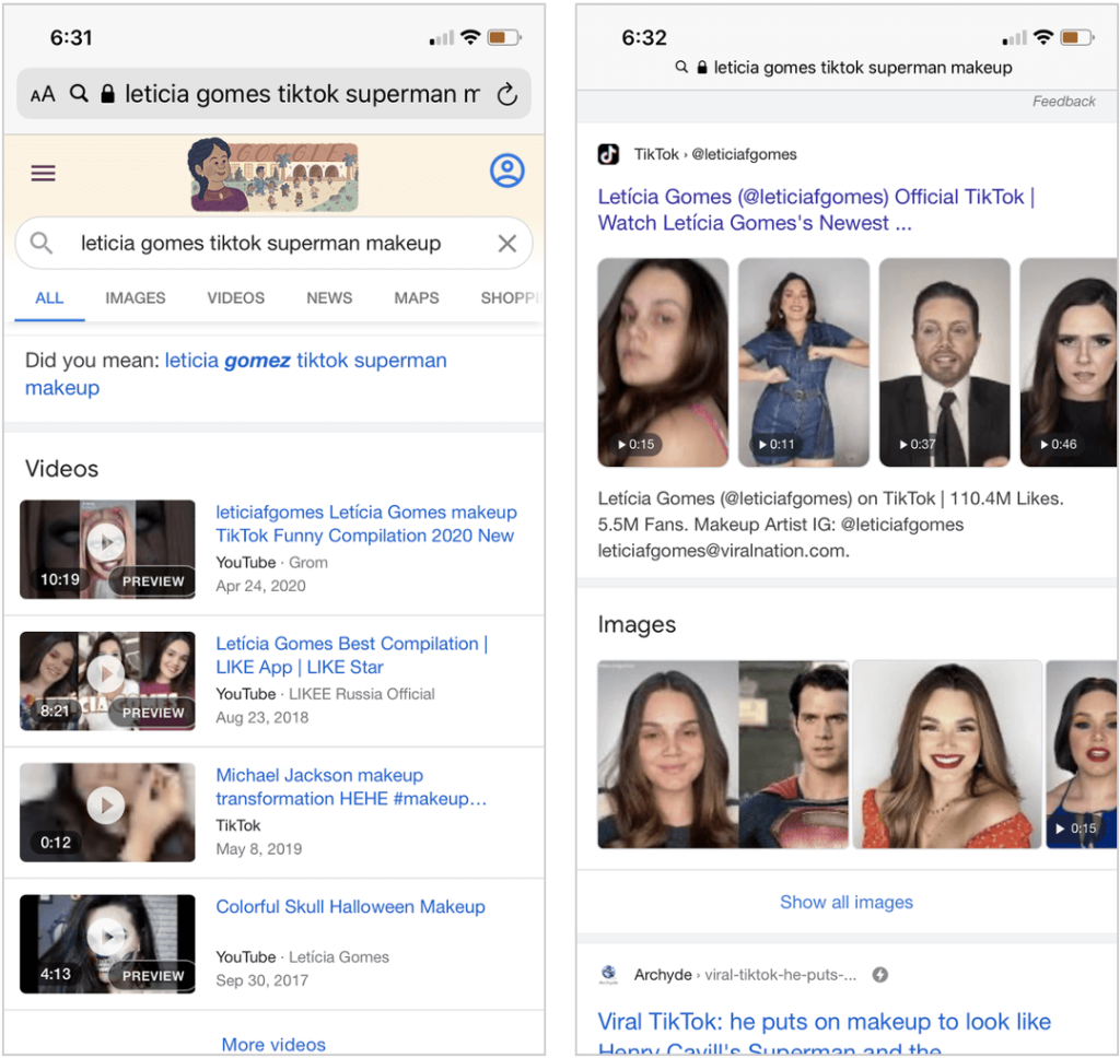 google results for leticia gomes tikok superman makeup
