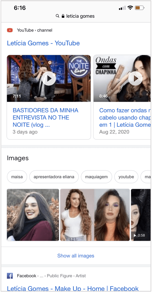 screenshot of leticia gomes' youtube account on a google search results page