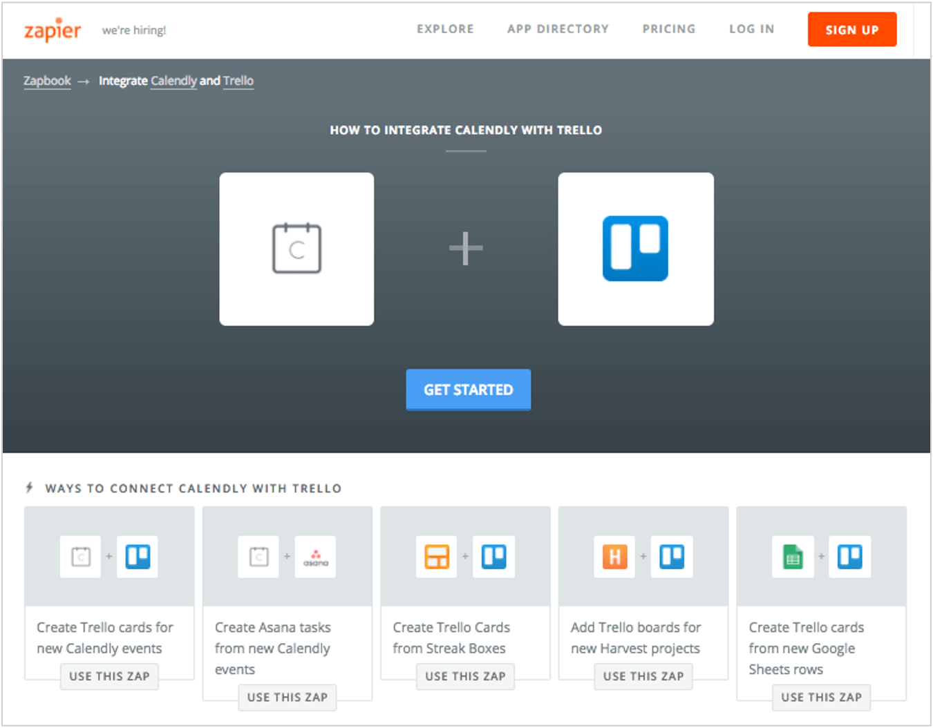 screenshot of zapier's landing page for trello