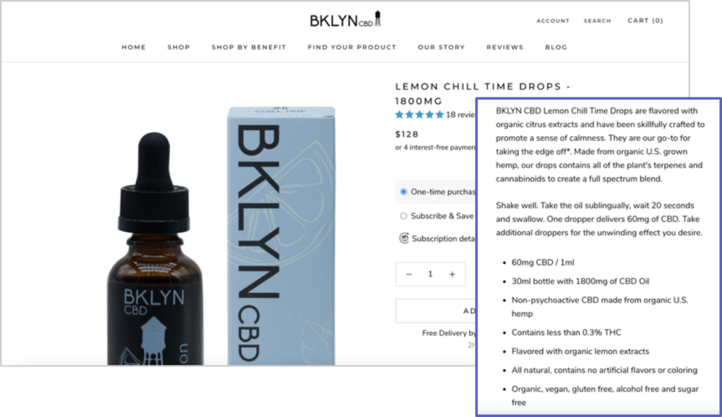 example of keyword-rich content on a BKLYN CBD product page