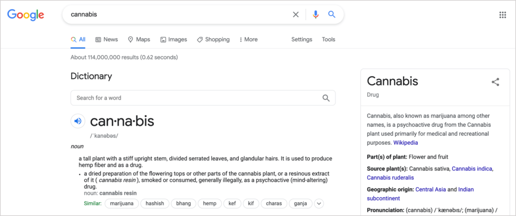 google search results page for the keyword cannabis