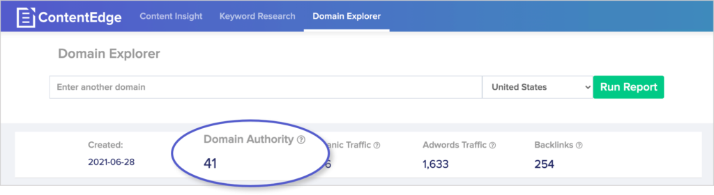 screenshot of domain authority score in ContentEdge