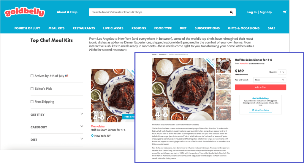 screenshot of descriptive category page and product page on goldbelly.com