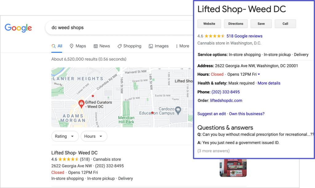 example of a local search result on google