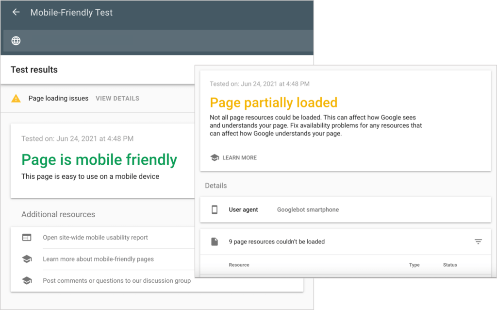 Google's mobile-friendly test report