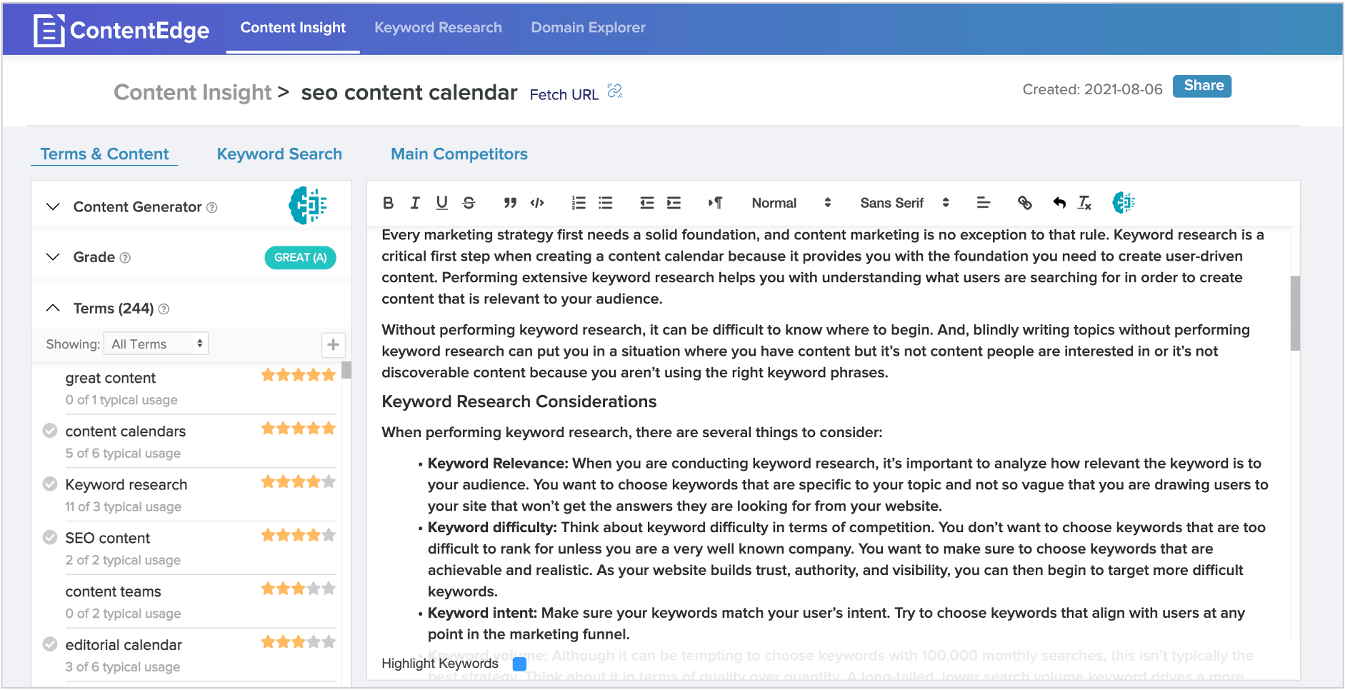 screenshot of contentedge's content insight report