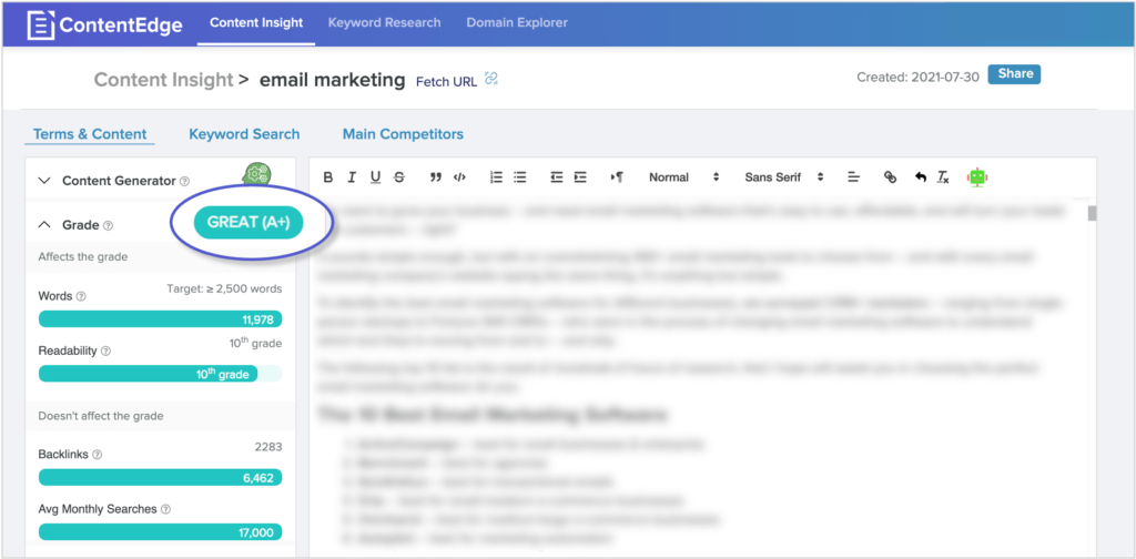 screenshot of relevancy score in contentedge
