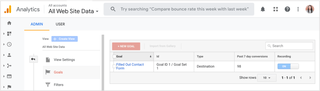 screenshot of custom goals in google analytics
