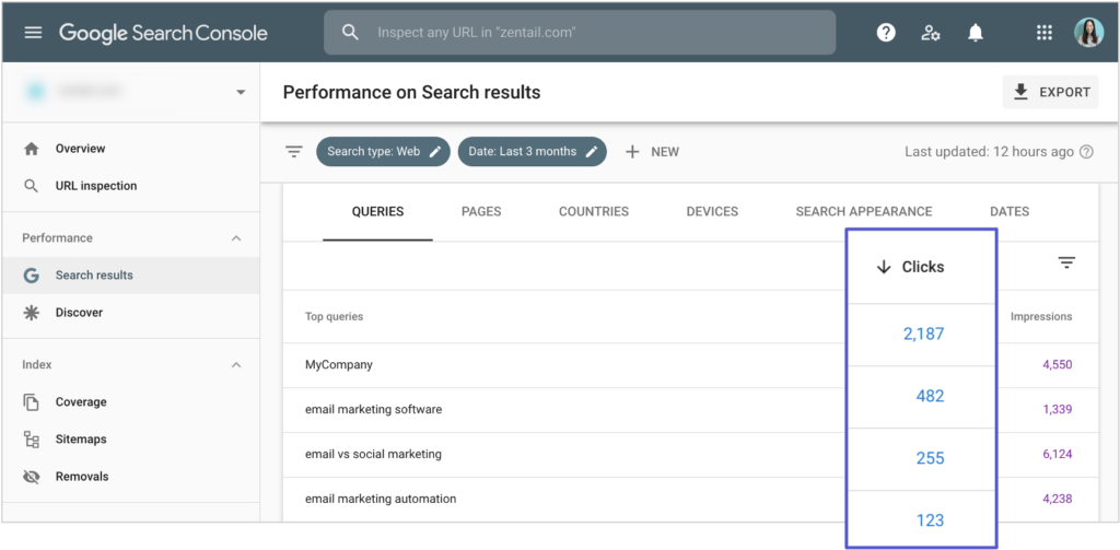 screenshot of clicks count on google search console