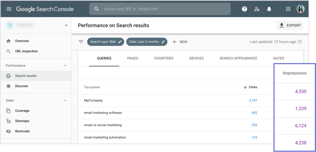 screenshot of impression count on google search console