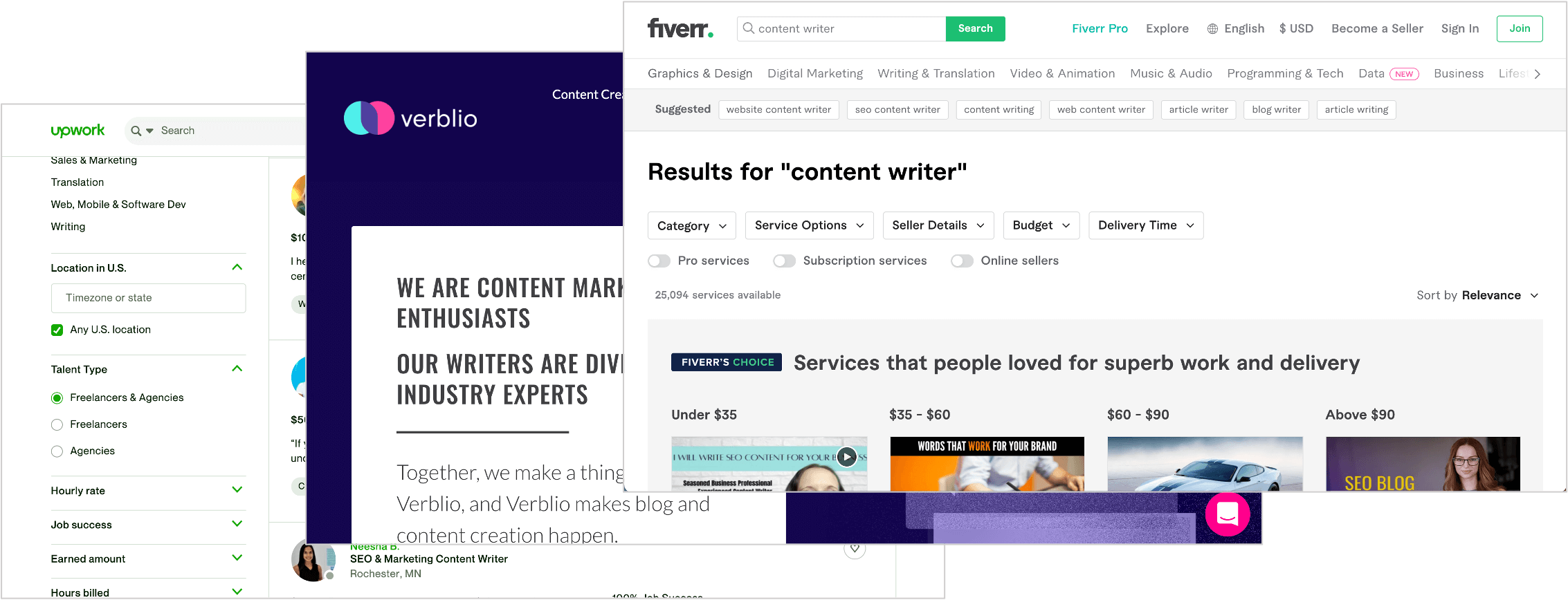 screenshots of various platforms for hiring content writers