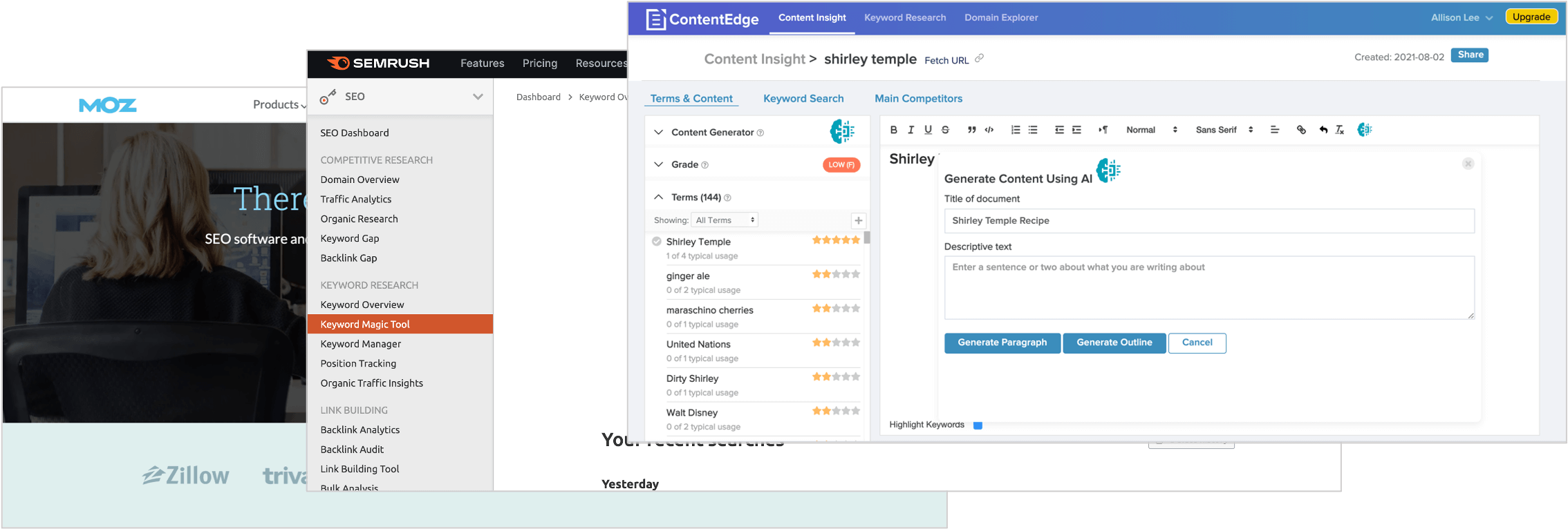 screenshot of various seo research tools