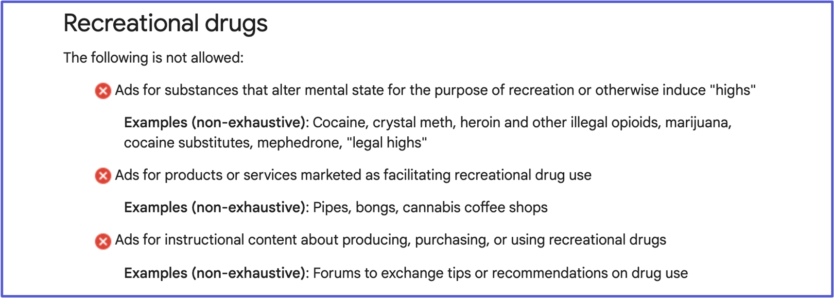 screenshot of google's recreational drugs policy