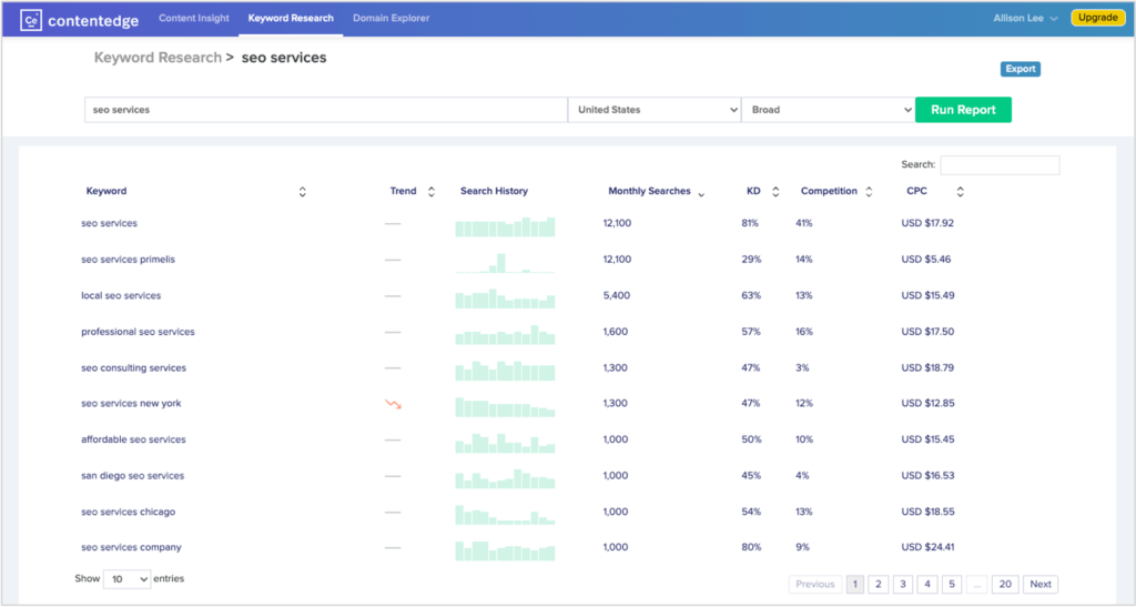 screenshot of keyword research tool in contentedge