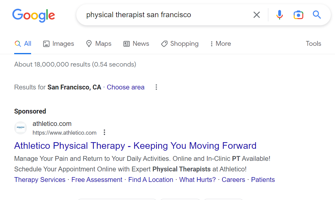 example of ppc ad of physical therapist in san fran