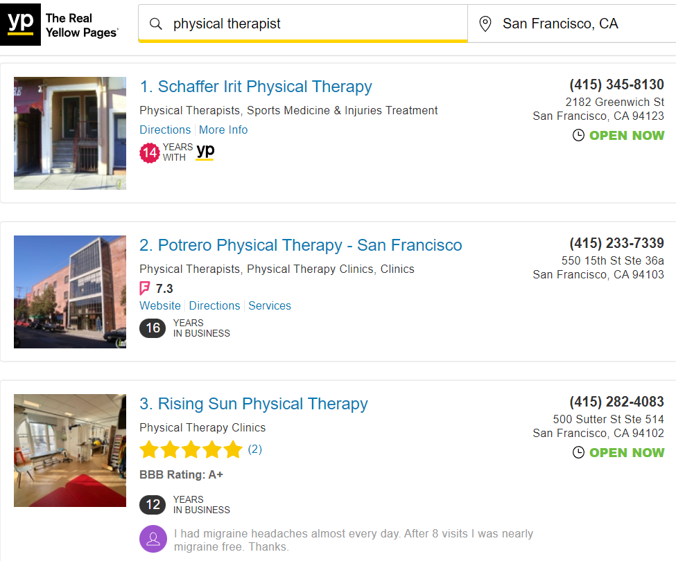 example of yellowpages local listing directory for physical therapists