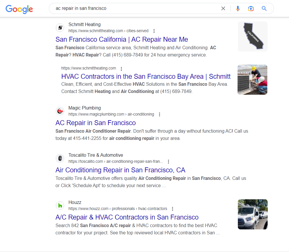 example of google search results for ac repair