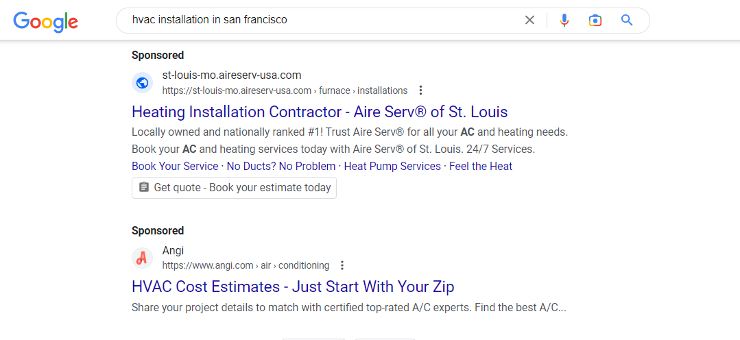 example of ppc result in google for hvac installation
