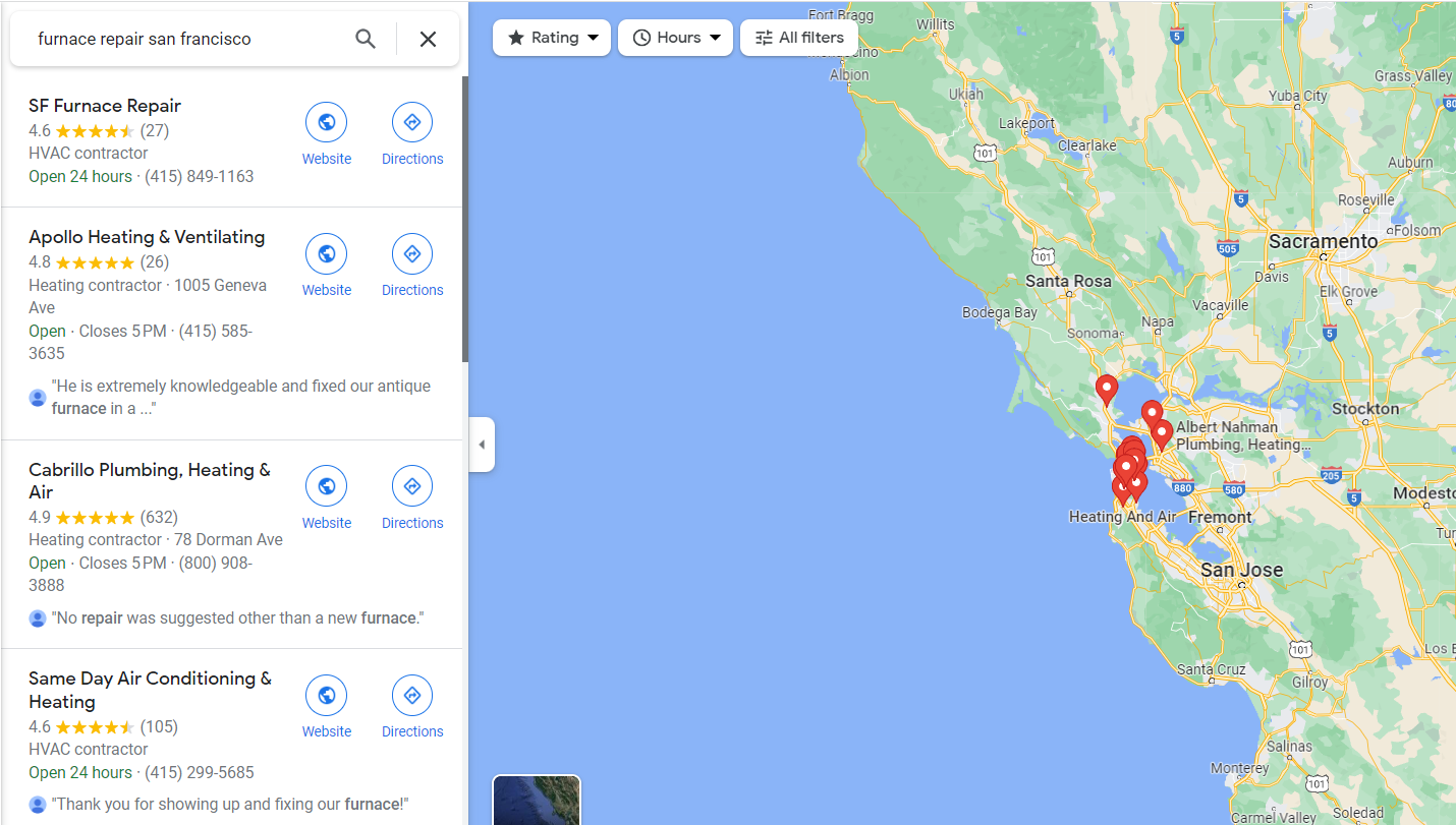 example of google maps for furnace repair