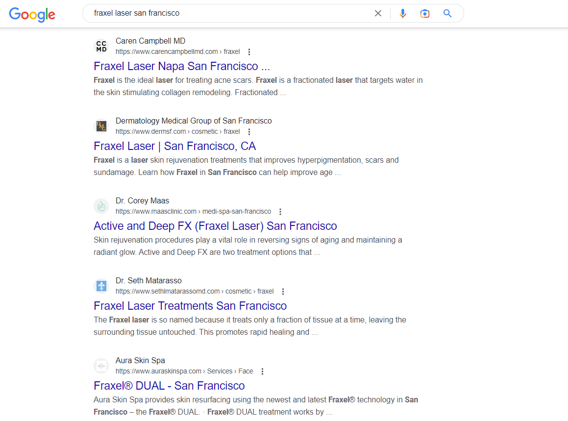 example of fraxel laser san francisco in google search results