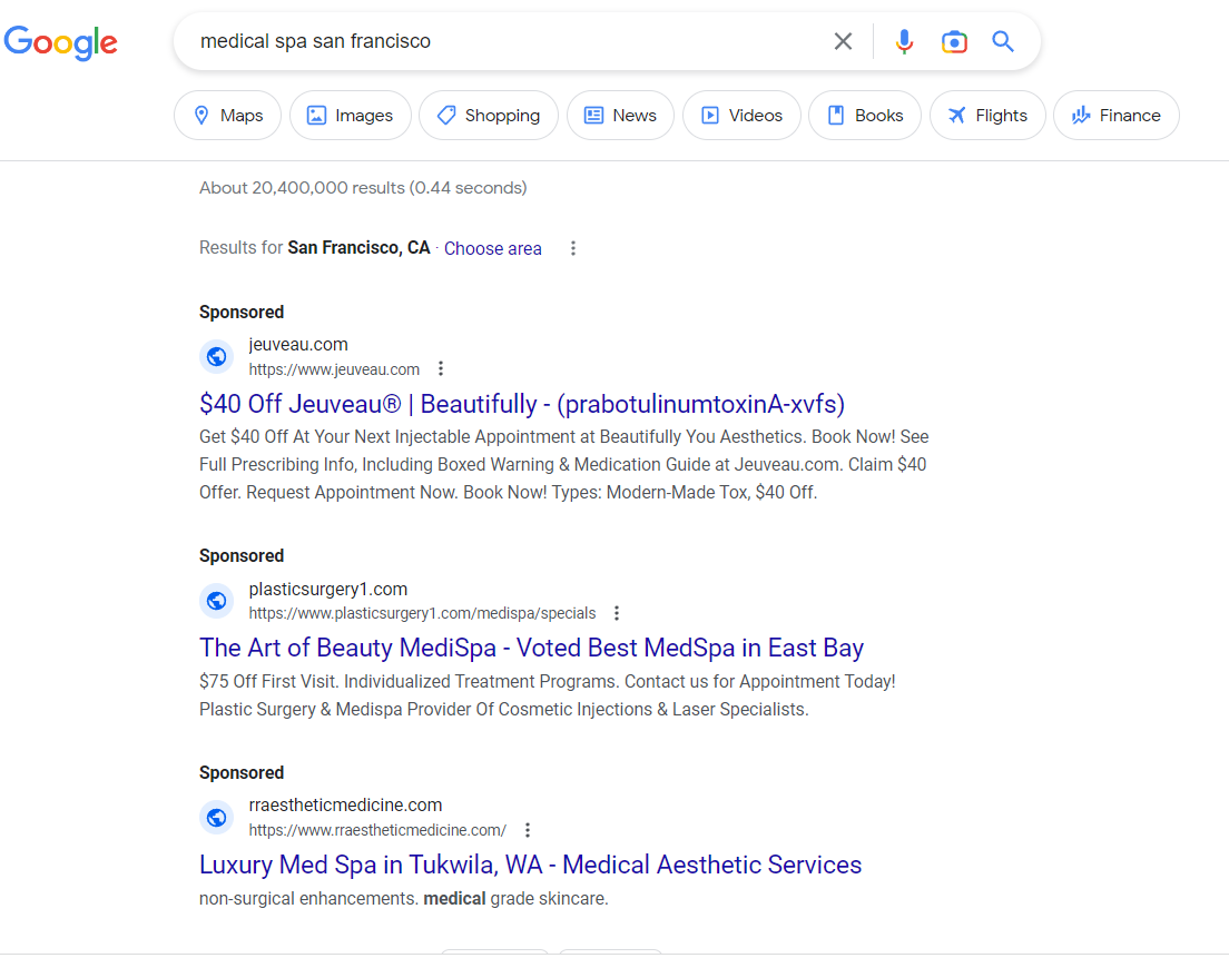 example of what the ad results in google looks like for medical spa