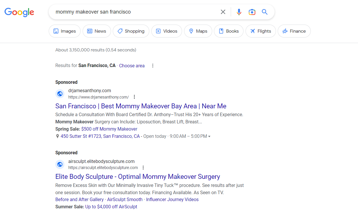 google ads search engine results for mommy makeover