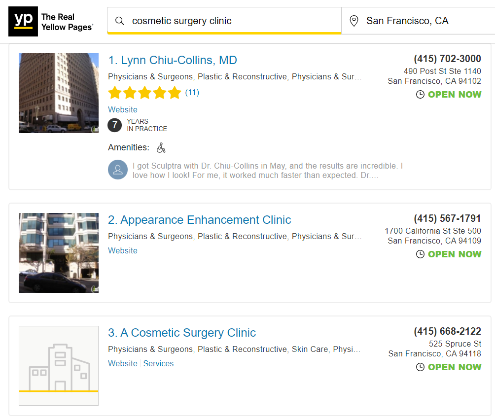 screenshot of yellowpage results for cosmetic surgery clinic