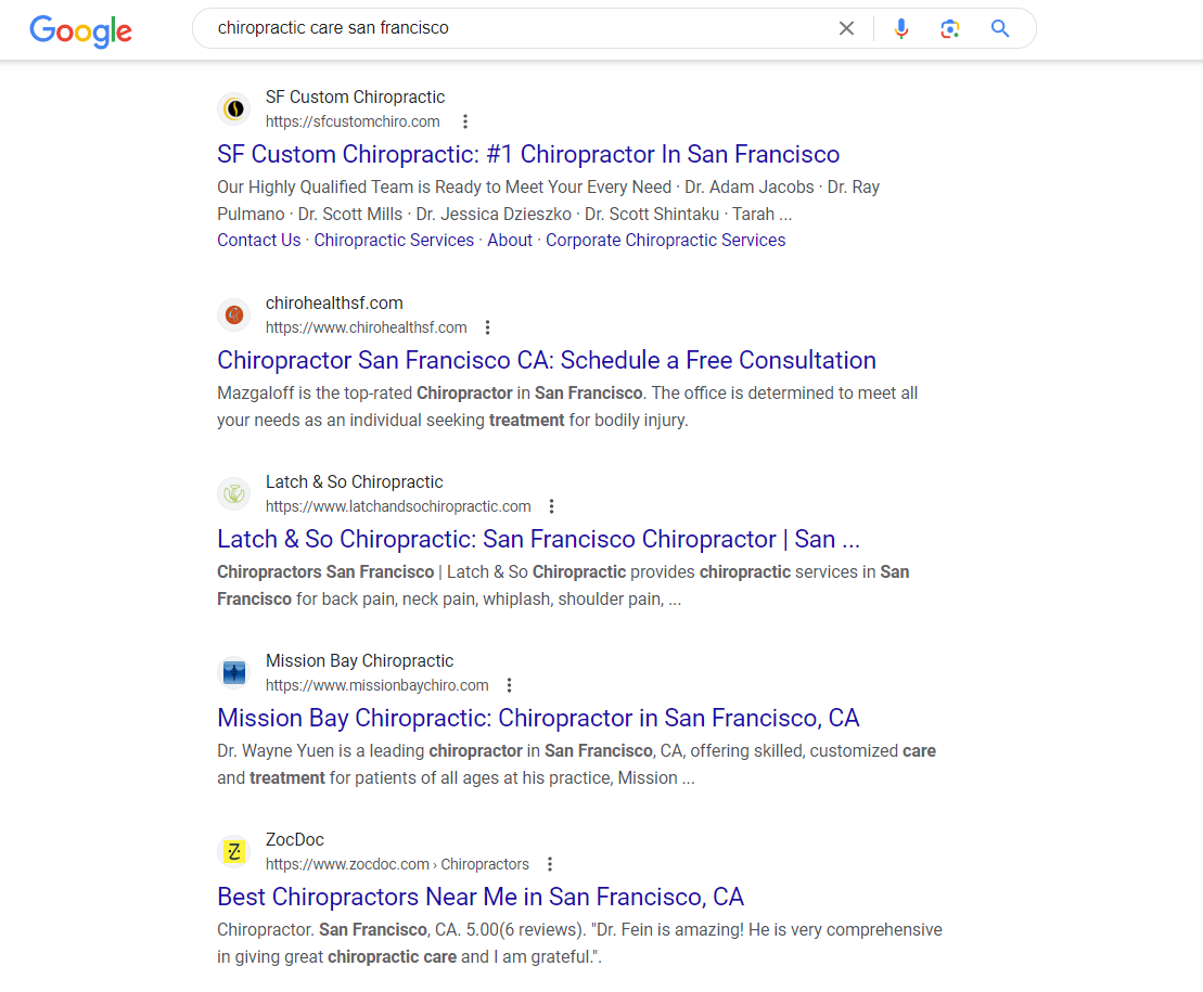 screenshot of google search engine results page for chiropractic care san francisco