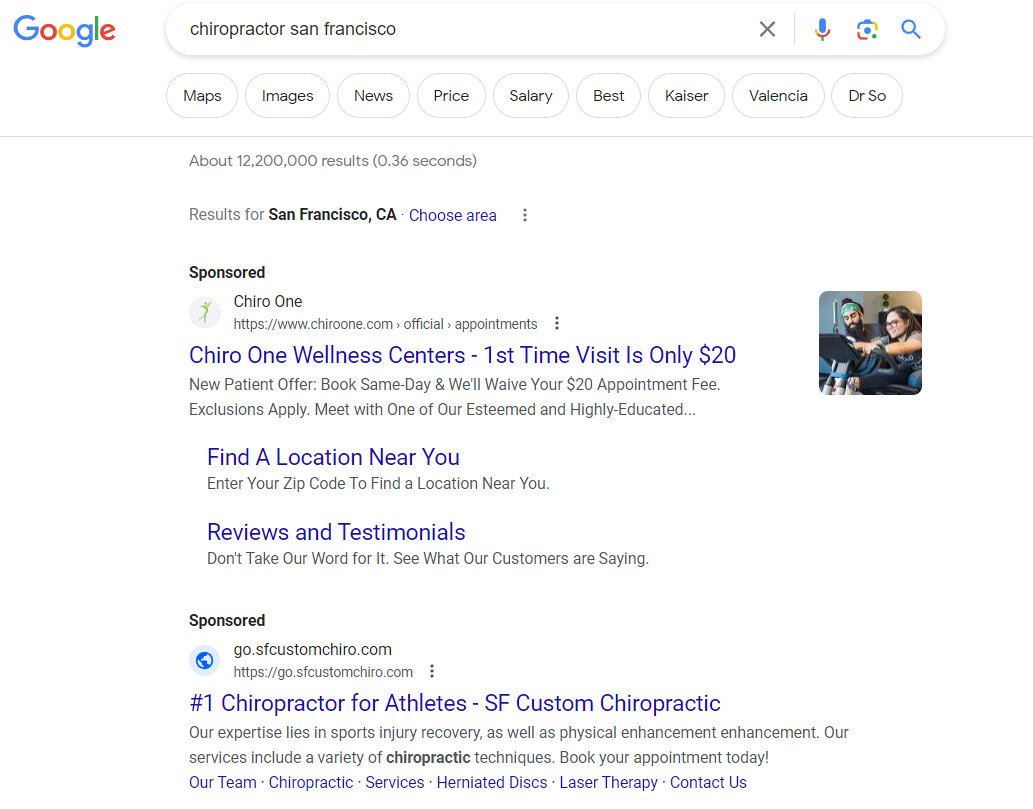 screenshot in SERPs of the sponsored results for Chiropractor san francisco