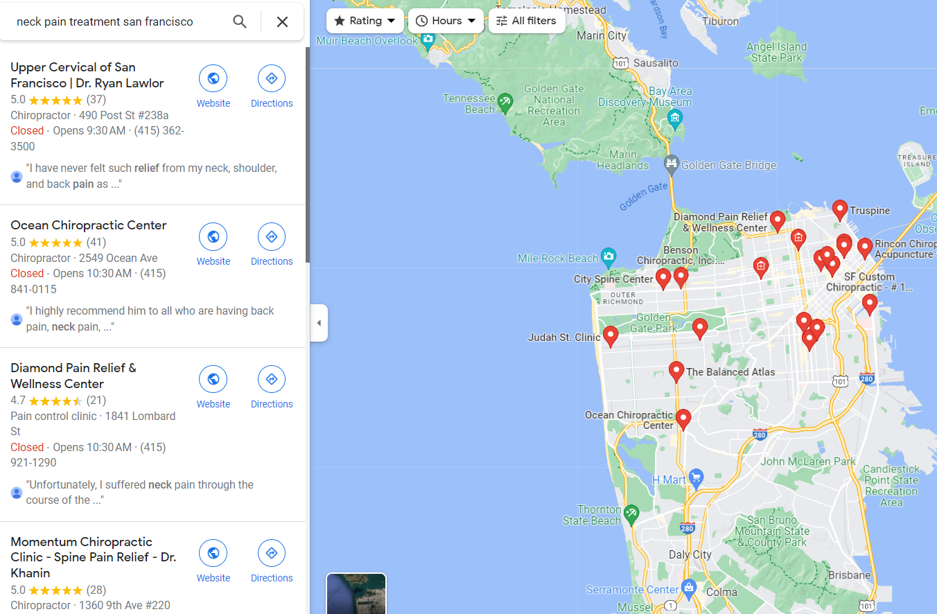 google maps results for neck pain treatment