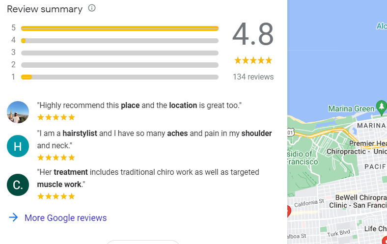 screenshot of google reviews for a chiropractor in san francisco