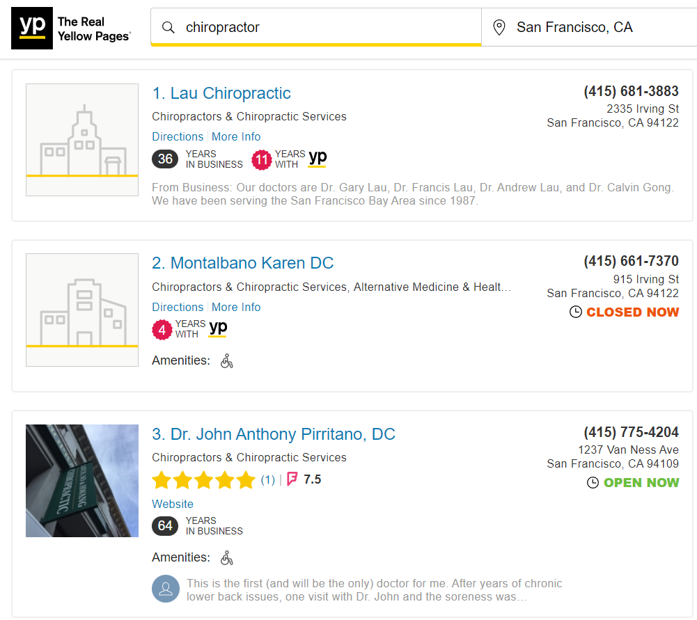 screenshot of yellowpage results for chiropractor san francisco