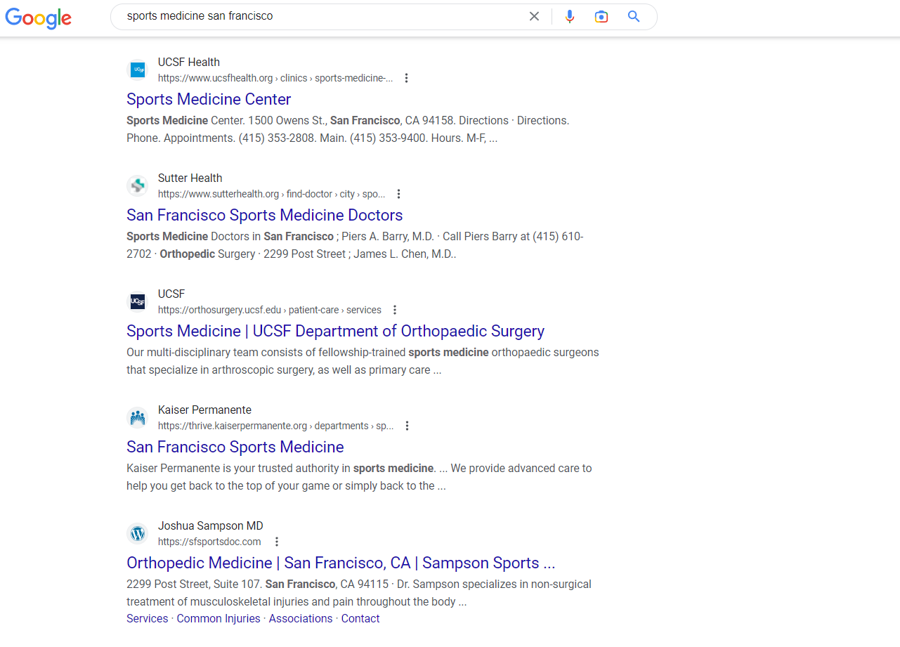 screenshot of google search engine results page for sports medicine san francisco