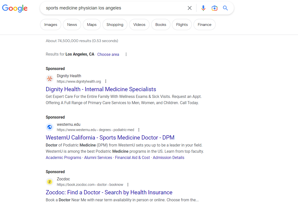 screenshot in SERPs of the sponsored results for sports medicine physician los angeles