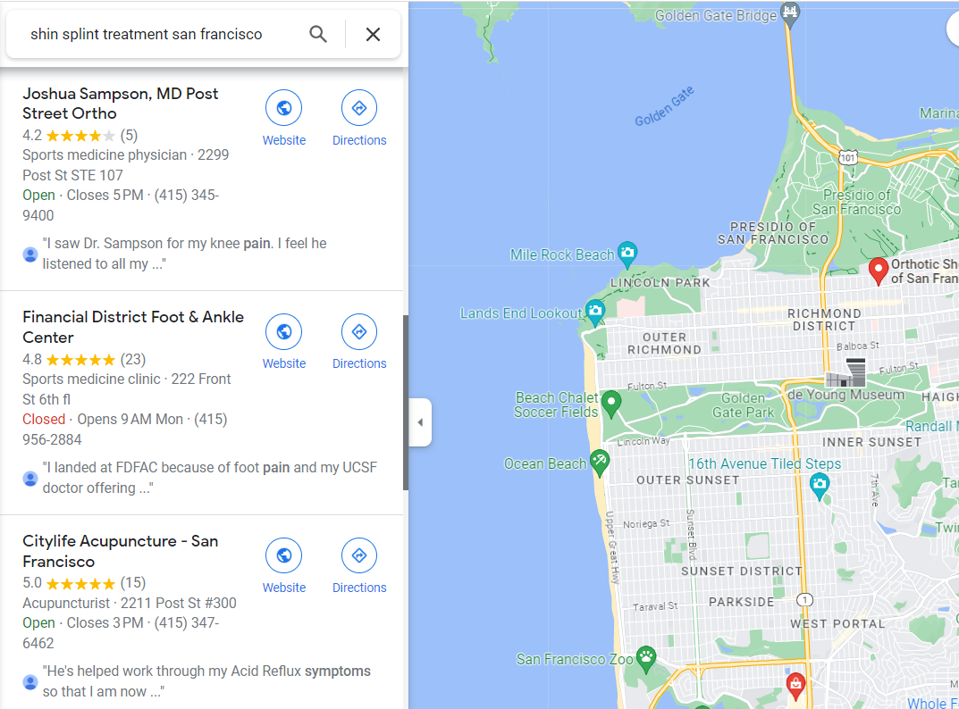 google maps results for shin splint treatment