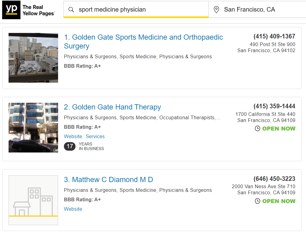 screenshot of yellowpage results for sports medicine doctor