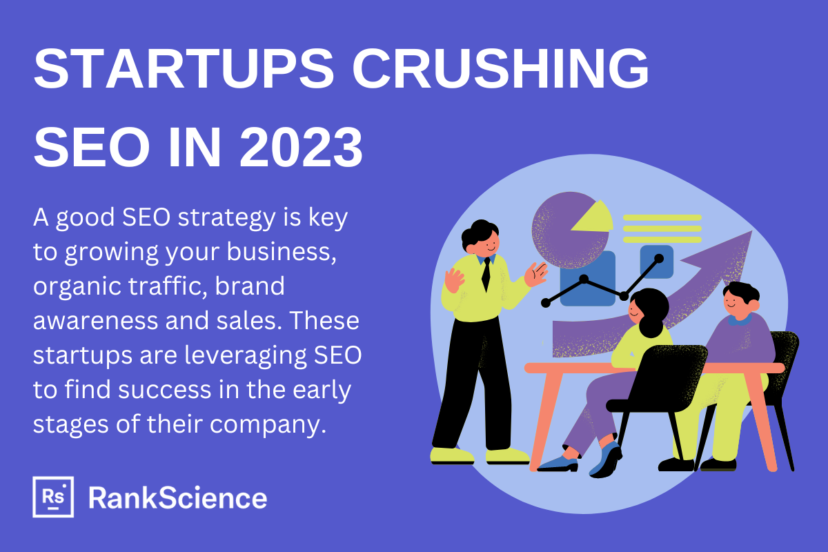 Startups Crushing SEO in 2023 purple blog graphic with text.