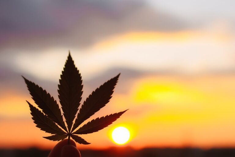 Cannabis leaf in front of sunset.